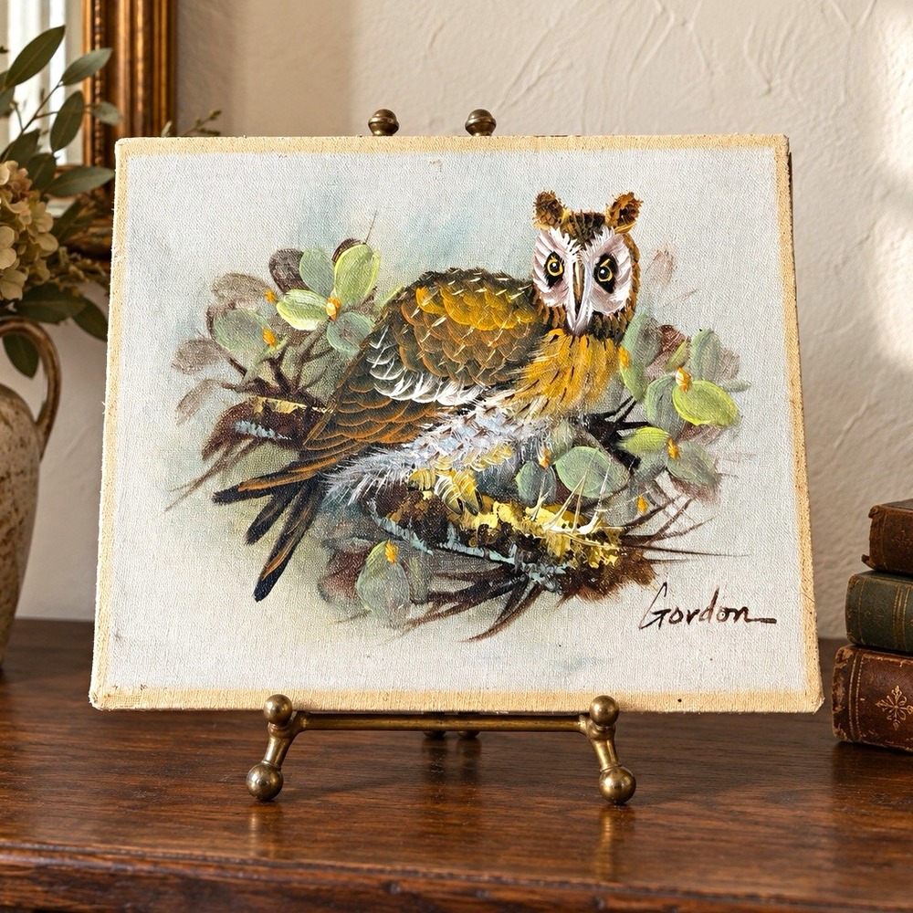 Vintage Owl Oil Painting Canvas Signed Gordon Long Eared Owl Cactus 10x8 MCM